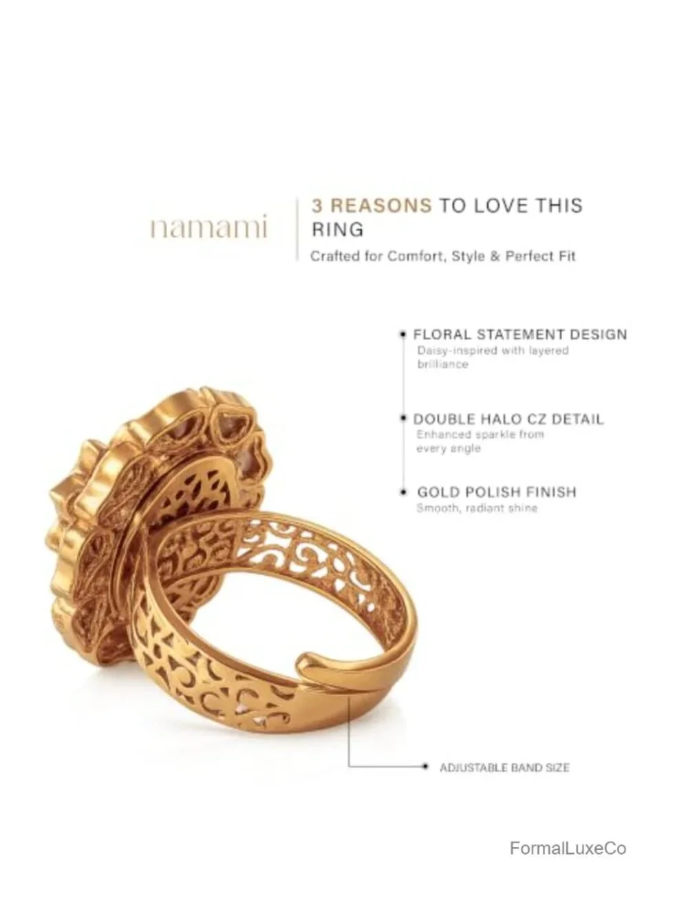 Gold Polished CZ Adjustable Cocktail Rings Women's Statement Ring Set